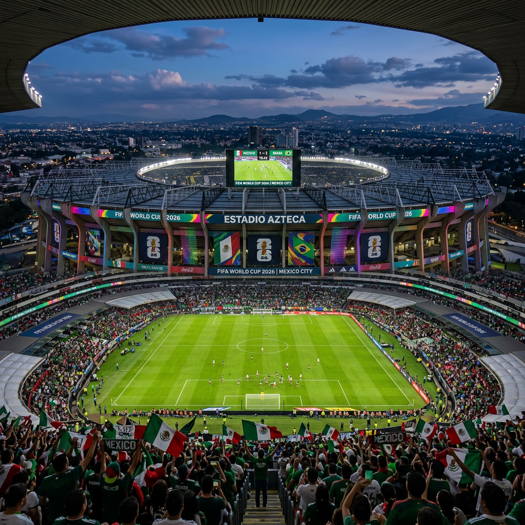 Soccer match underway at Estadio Azteca with fans waving Mexican flags