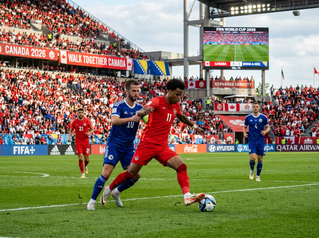 Canadian soccer player in red jersey controlling ball near sideline with a Bosnia player in blue jersey defending, stadium crowd in background.