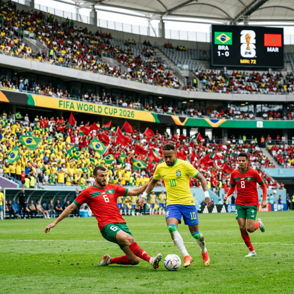 Brazil player in yellow jersey with ball challenged by Morocco players in red jerseys during stadium soccer match