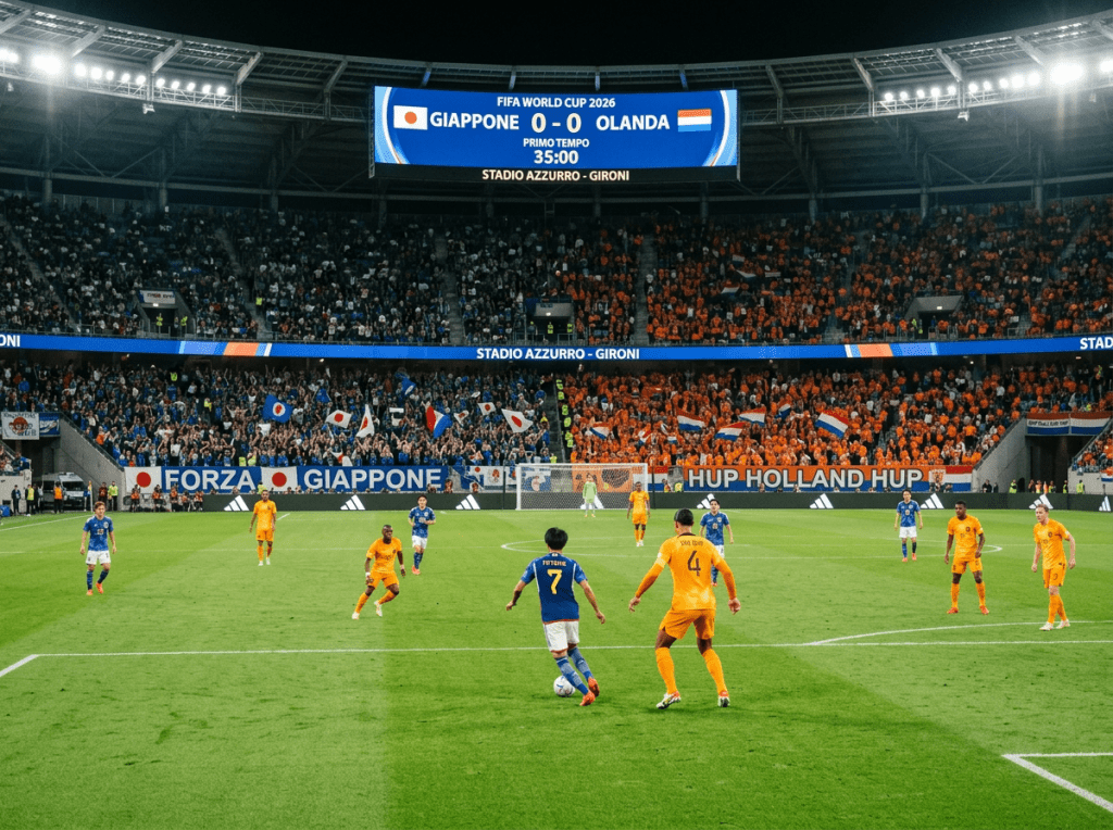 Soccer players from Japan and Netherlands competing in a World Cup match with a scoreboard showing 0-0 at 35 minutes.