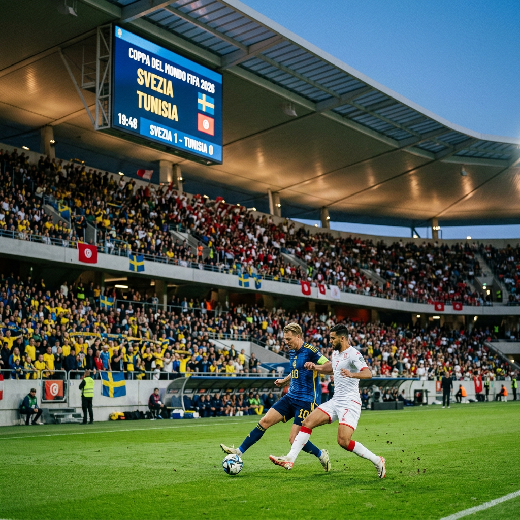Sweden and Tunisia soccer players contesting the ball on the field during a match with scoreboard showing Sweden leading 1-0.
