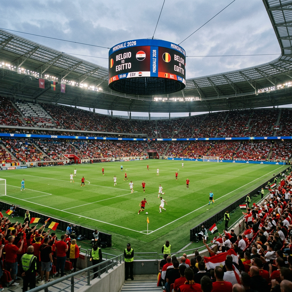 Football match between Belgium and Egypt with players on field and scoreboard