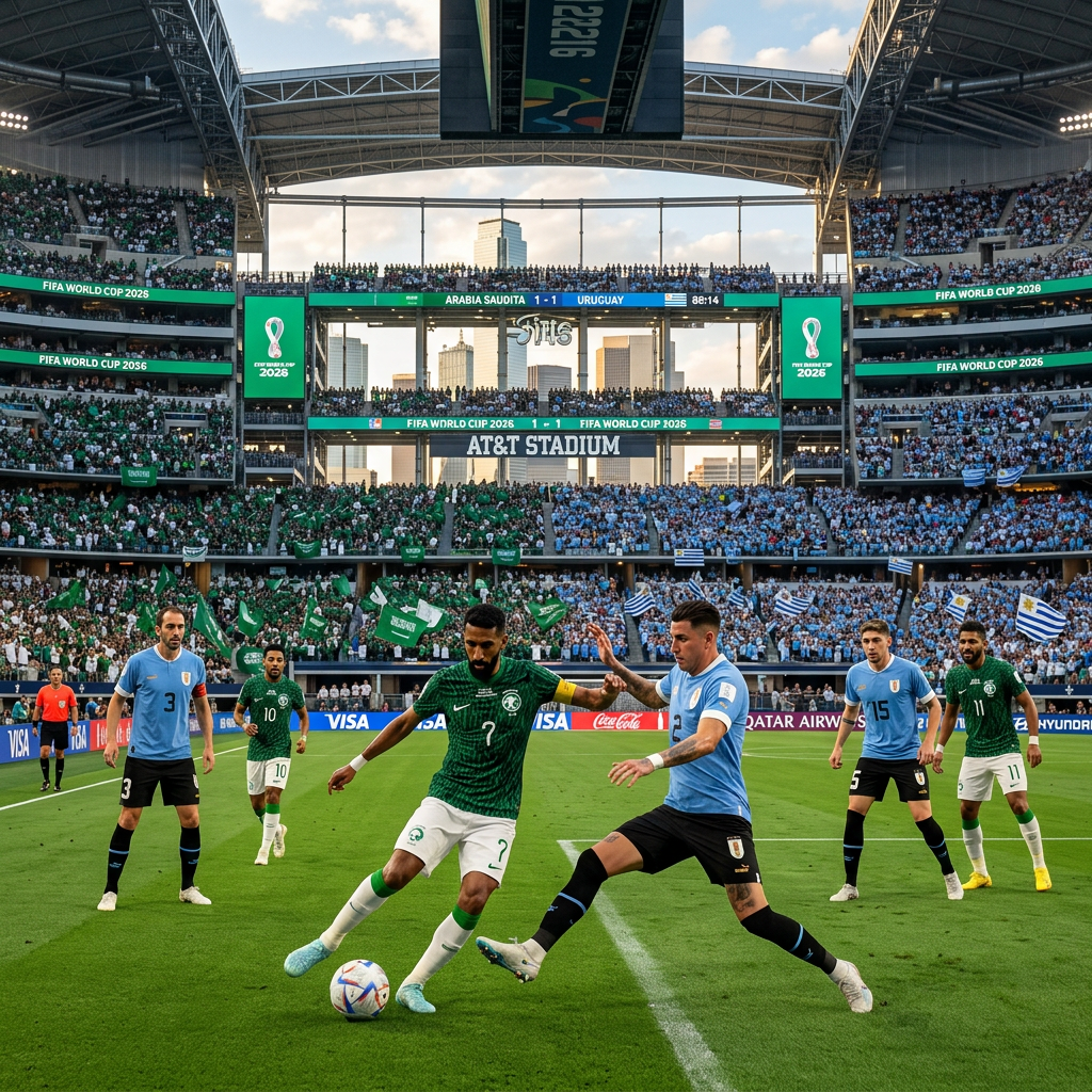 Saudi Arabia and Uruguay soccer players competing for the ball at AT&T Stadium during FIFA World Cup 2026