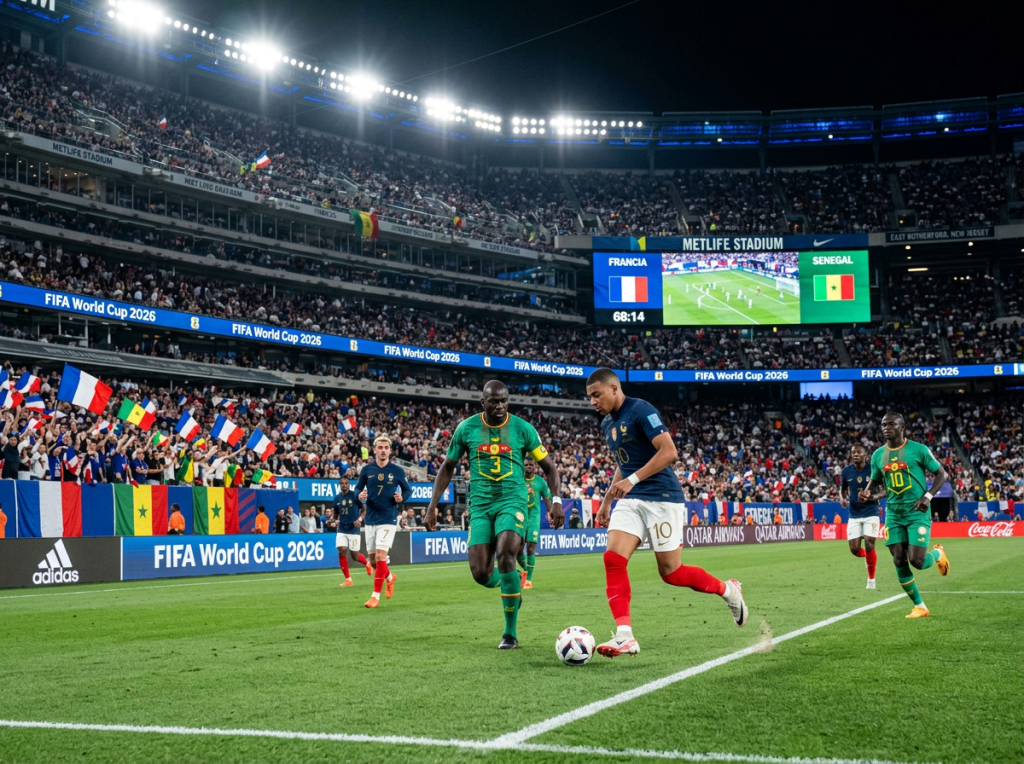France and Senegal football players competing near sideline in FIFA World Cup 2026 match