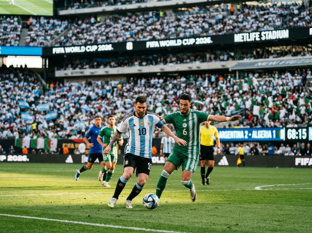 Soccer players from Argentina and Algeria contesting the ball in stadium with crowd and scoreboard showing Argentina 2 - Algeria 1