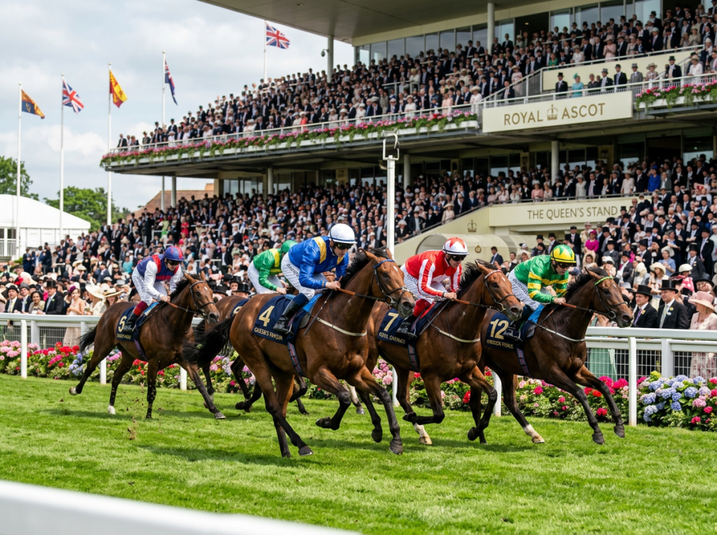 Four jockeys riding horses in a tight race at Royal Ascot with a large crowd