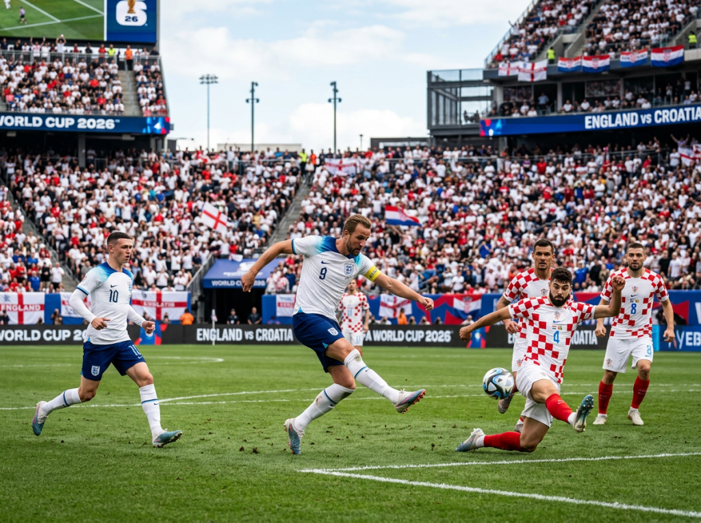 England soccer player Harry Kane shooting at goal while Croatian defenders try to block