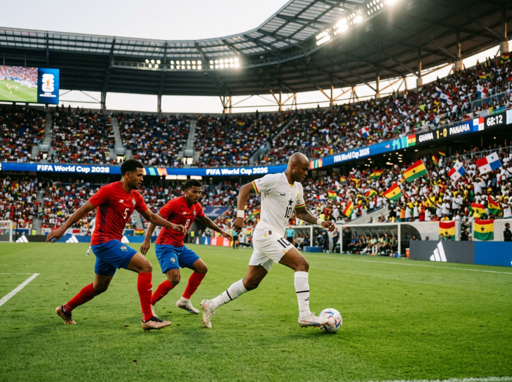 Ghana player controlling ball closely pursued by two Panama players near the sideline in a crowded stadium