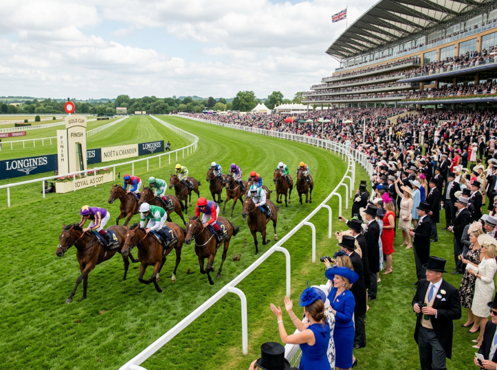 Horse race nearing finish line at Ascot with crowd watching