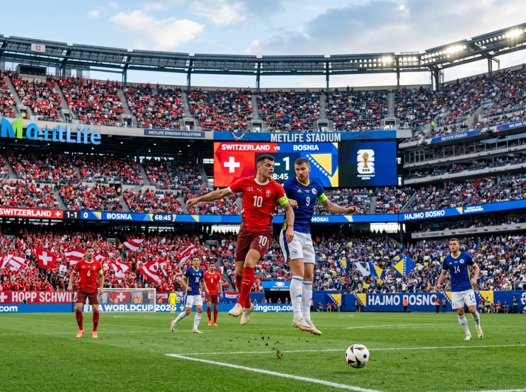 Switzerland and Bosnia soccer players jumping to head the ball in front of a stadium crowd at MetLife Stadium