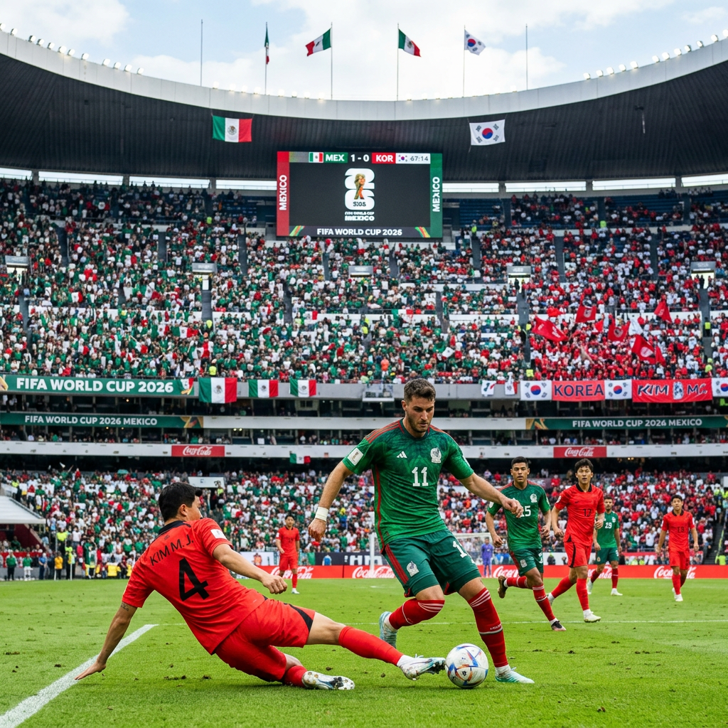 Mexican soccer player with ball evading sliding tackle by South Korean player number 4 at soccer stadium