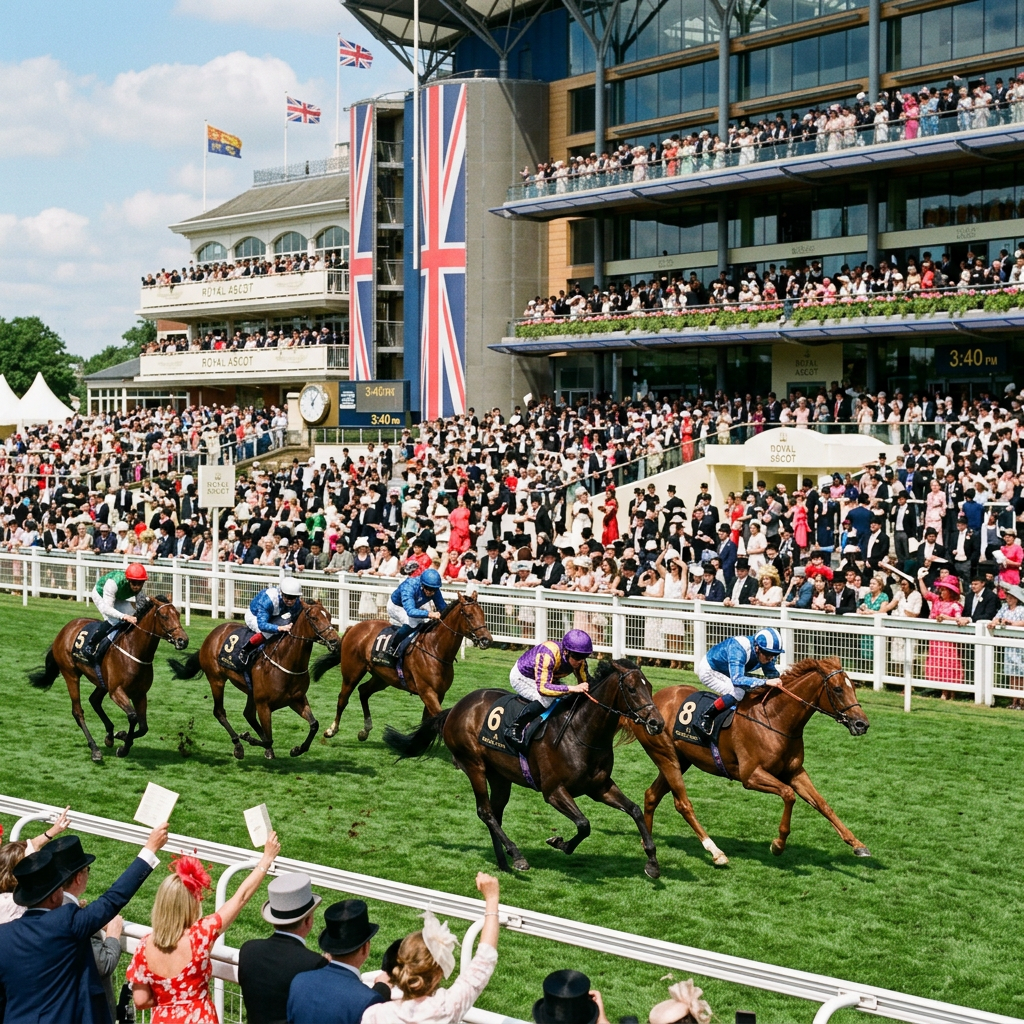 Six jockeys racing on horseback with a crowd watching at Royal Ascot