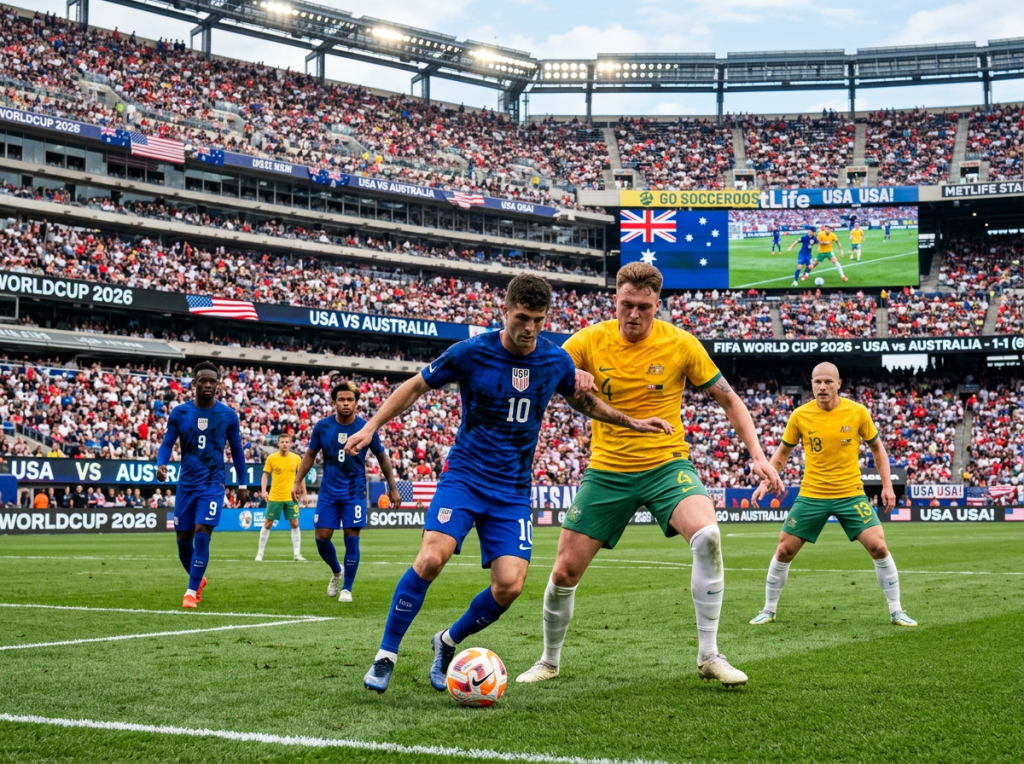 USA player controlling ball under pressure from Australia defender in crowded stadium