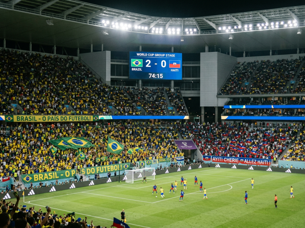 Soccer match between Brazil and Haiti with Brazil leading 2-0 in World Cup group stage