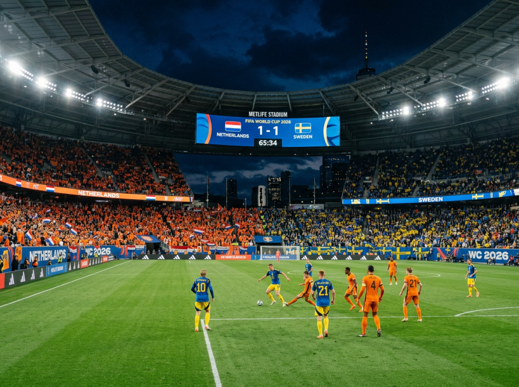 Soccer players from Netherlands and Sweden competing during FIFA World Cup 2026 at MetLife Stadium