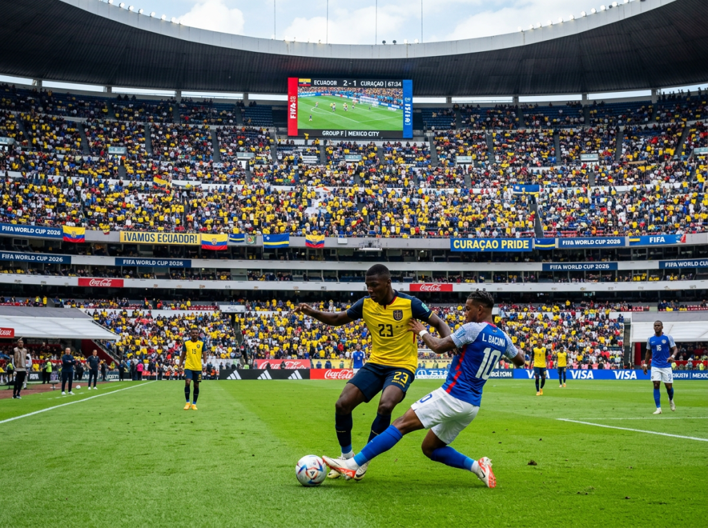 Ecuador player in yellow jersey and Curaçao player in blue jersey contesting ball near sideline at World Cup match
