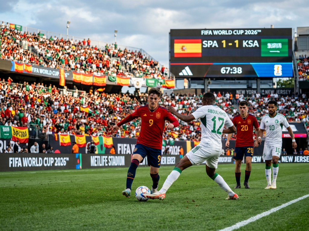 Spain and Saudi Arabia players contesting the ball during a FIFA World Cup 2026 match with scoreboard showing 1-1 score
