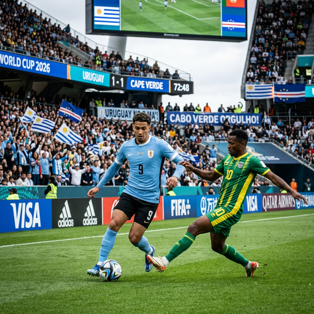 Uruguay player dribbling soccer ball while Cape Verde player attempts a tackle during World Cup match