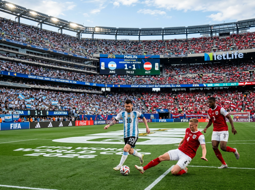 Argentina player number 10 with the ball challenged by two Austria players during FIFA World Cup 2026 group stage