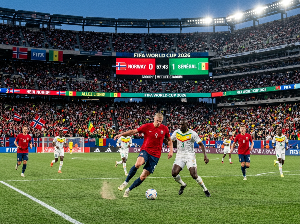 Norway player in red controlling ball while challenged by Senegal player in white during FIFA World Cup 2026 match