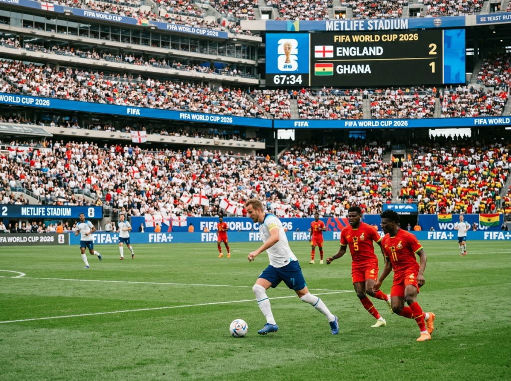 England player dribbling soccer ball while Ghana players defend during FIFA World Cup 2026 match with scoreboard showing England 2 Ghana 1