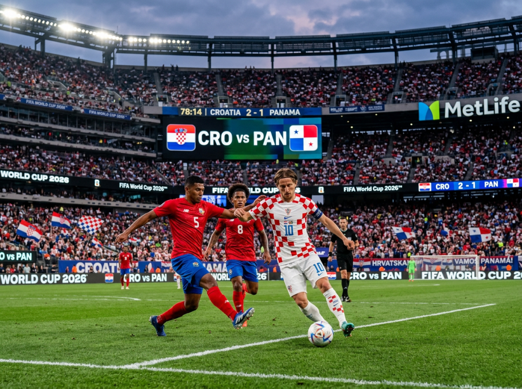 Croatian soccer player controlling ball near sideline defended by two Panama players