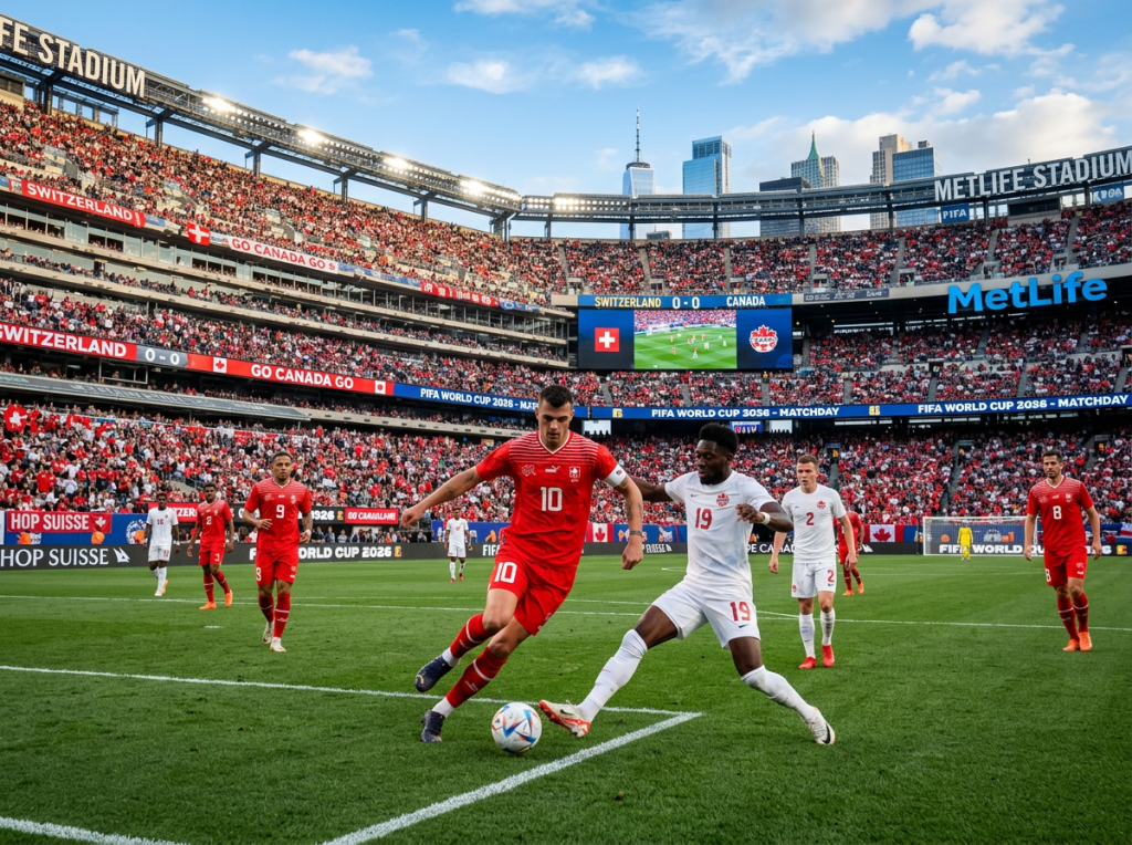 Soccer players from Switzerland and Canada competing near the corner flag during a FIFA World Cup qualifier at MetLife Stadium