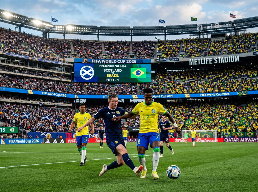 Scotland and Brazil soccer players contesting the ball on the field with crowd and scoreboard in background