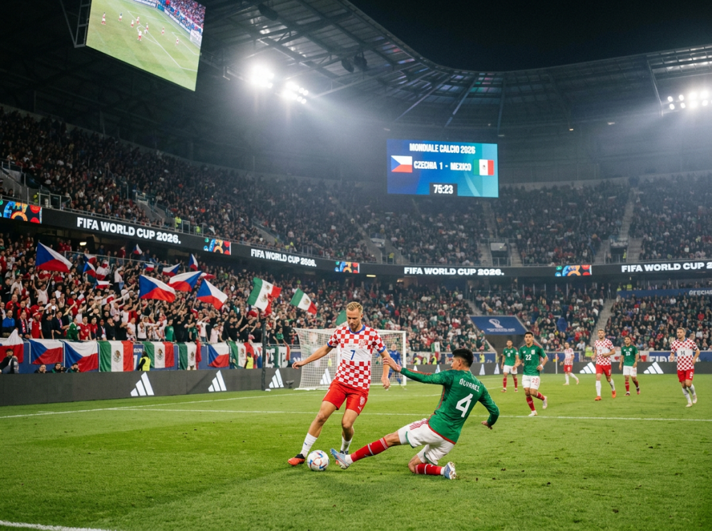 Mexican defender sliding to tackle Croatian player holding the ball in a stadium