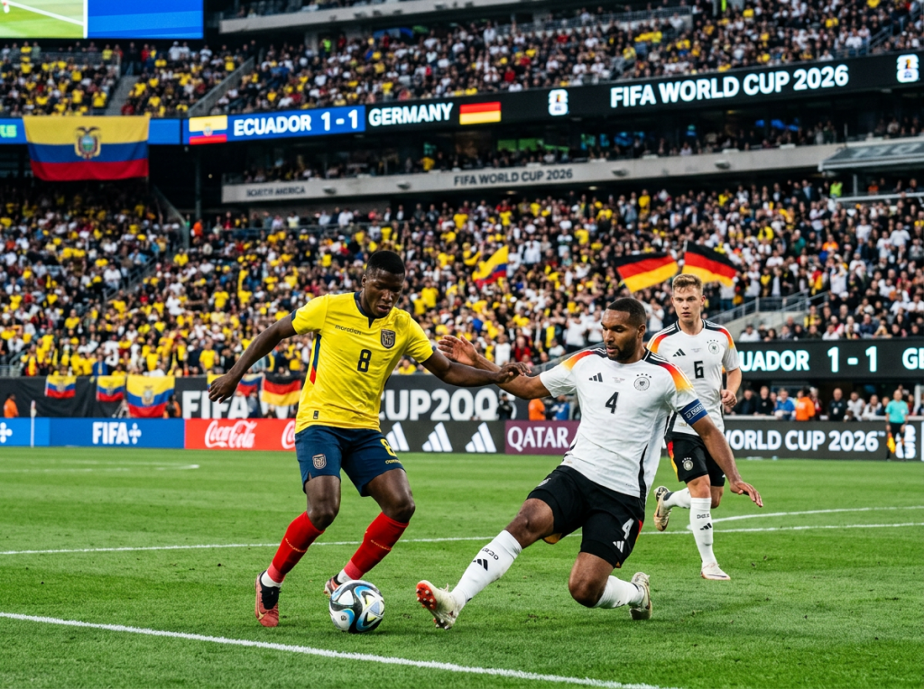 Ecuador player dribbling the ball challenged by Germany defender during FIFA World Cup 2026 qualifier