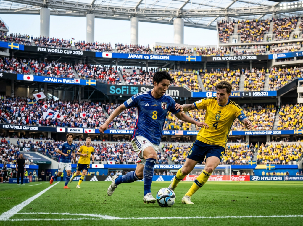 Japan and Sweden soccer players contesting the ball near the sideline in stadium