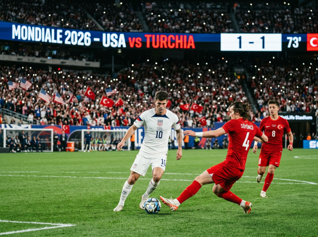 USA player with ball facing Turkish defenders in 1-1 World Cup qualifier