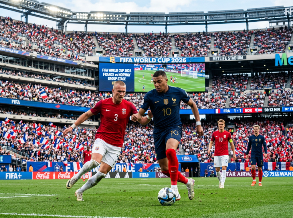 French player dribbling the ball closely pursued by Norwegian defender during FIFA World Cup 2026 match