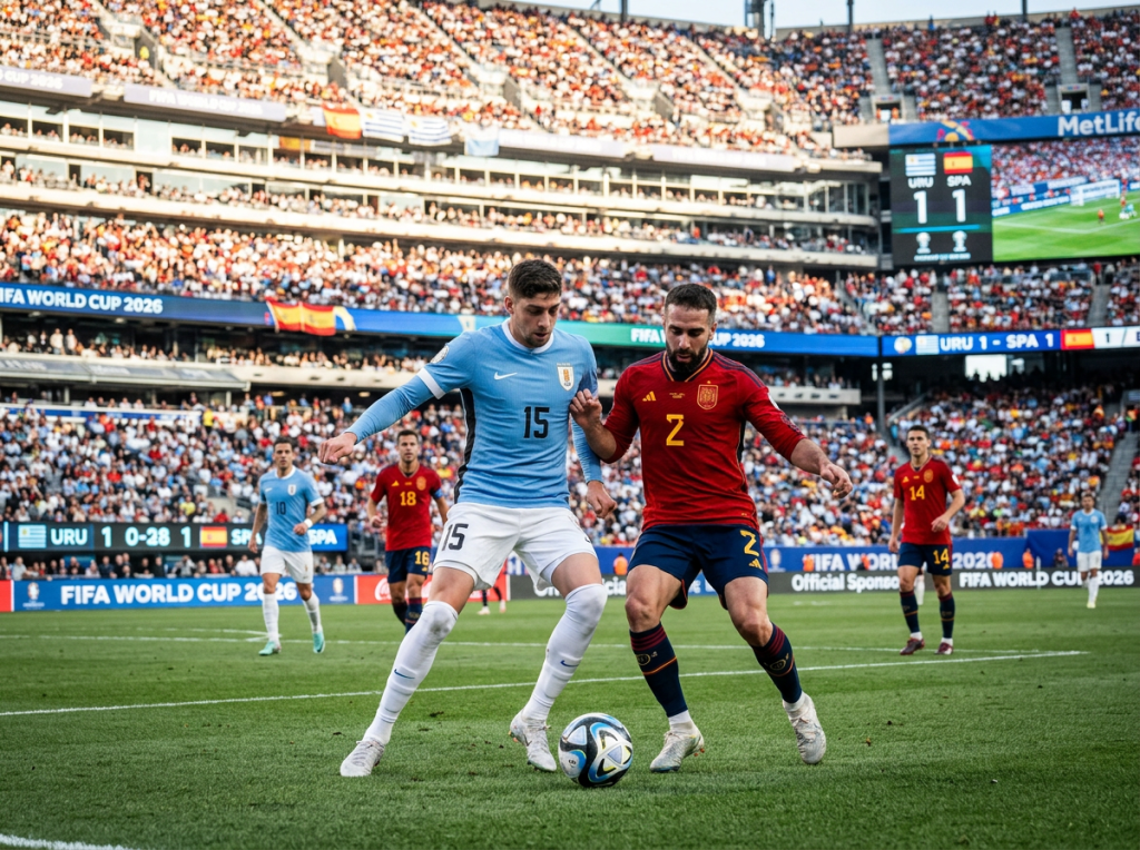 Two soccer players from Uruguay and Spain contest possession of the ball near the sideline with a crowded stadium behind them