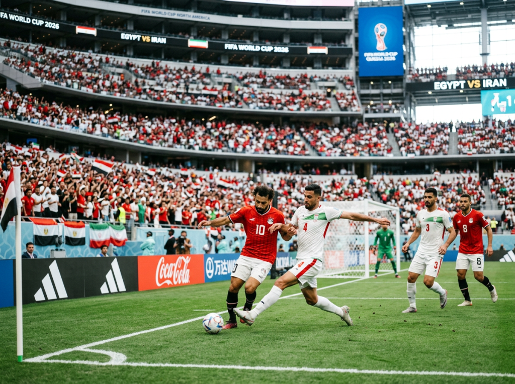 Soccer players from Egypt and Iran competing for the ball near the corner flag during a World Cup qualifying match