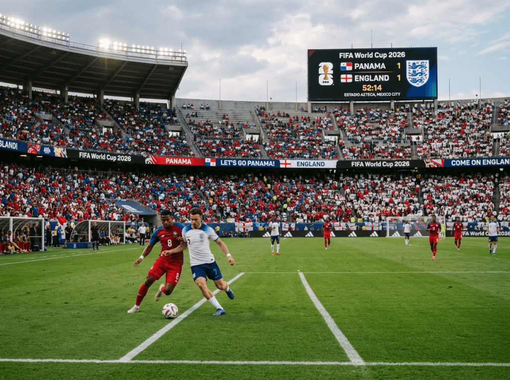 Panama and England soccer players contesting the ball near the field sideline with stadium crowd and scoreboard in background
