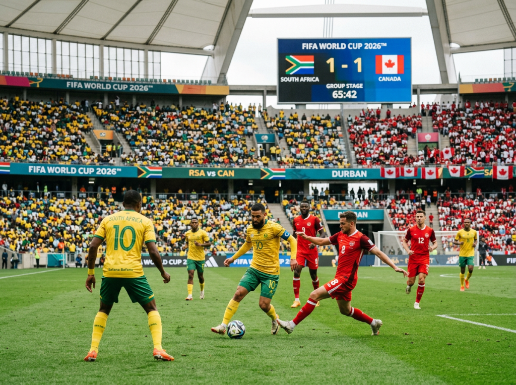 South African and Canadian soccer players contesting the ball in a FIFA World Cup 2026 group stage match with scoreboard showing 1-1 at 65:42 minutes