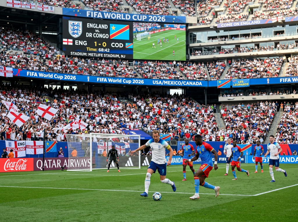 England player dribbling the ball near the penalty area with DR Congo defender and goalkeeper in position during FIFA World Cup 2026 qualifier at MetLife Stadium