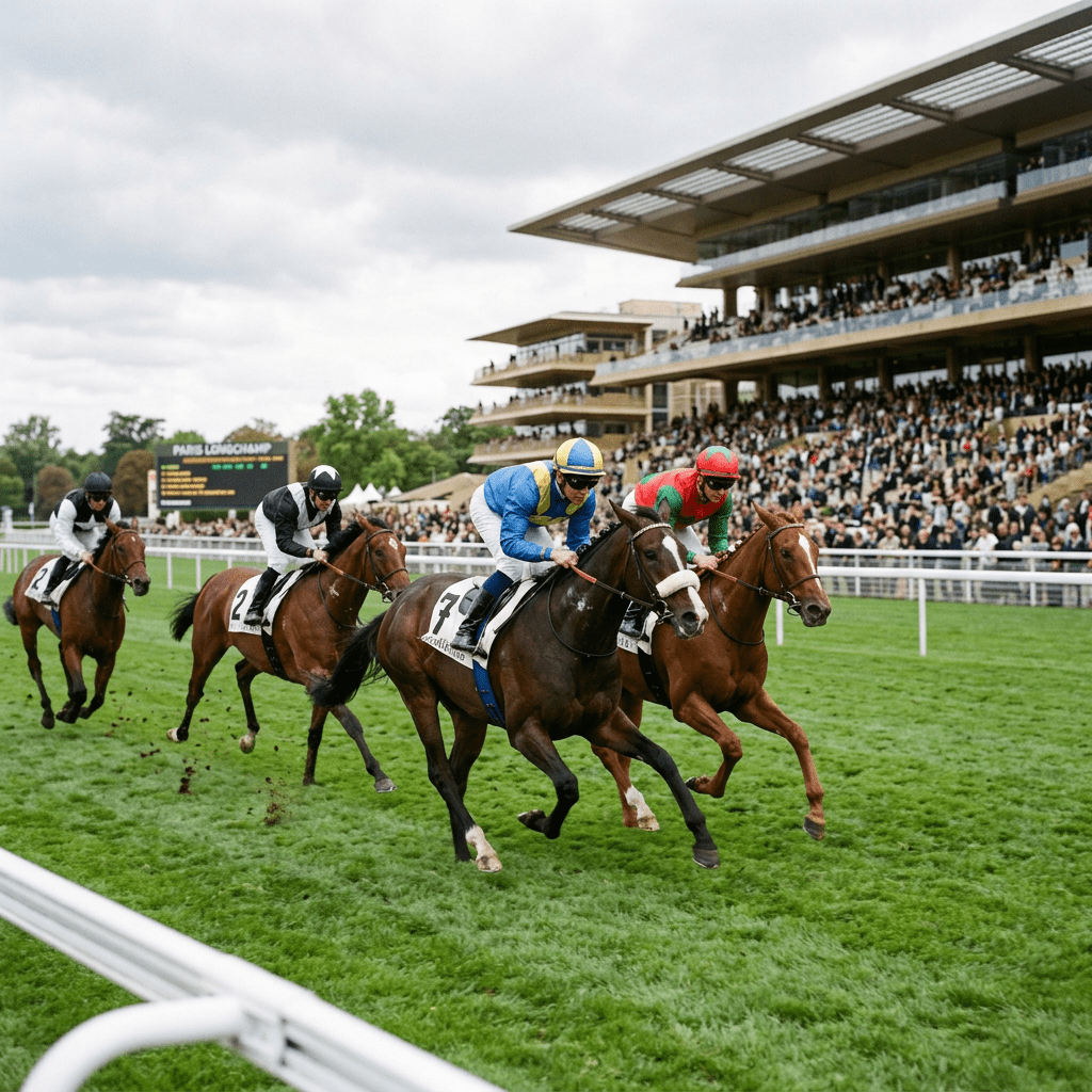 Four jockeys riding racehorses competing on a green turf racecourse with a grandstand full of spectators