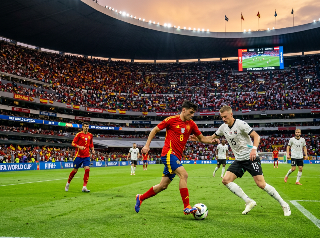 Spain player with the ball challenged by Austria player near sideline in stadium.