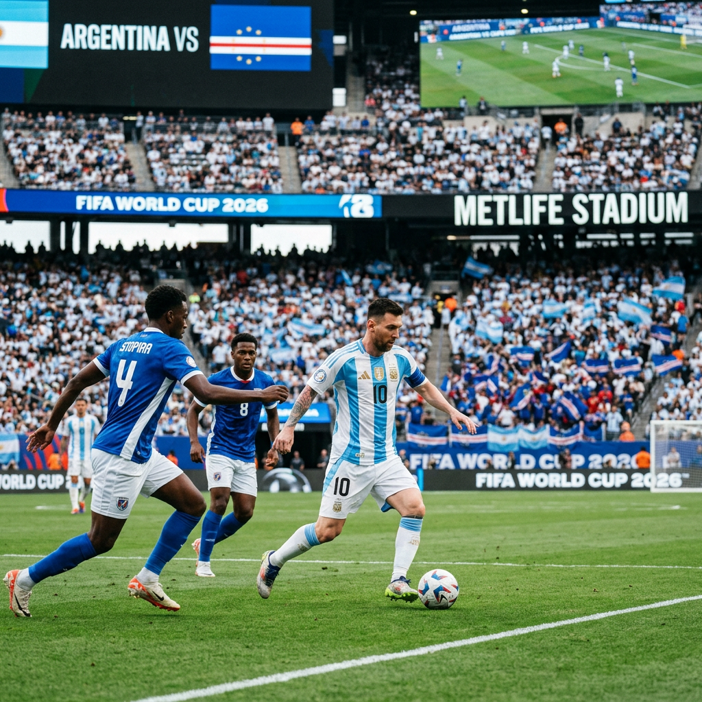 Argentina soccer player number 10 dribbling ball past defenders from Cape Verde at FIFA World Cup 2026 match