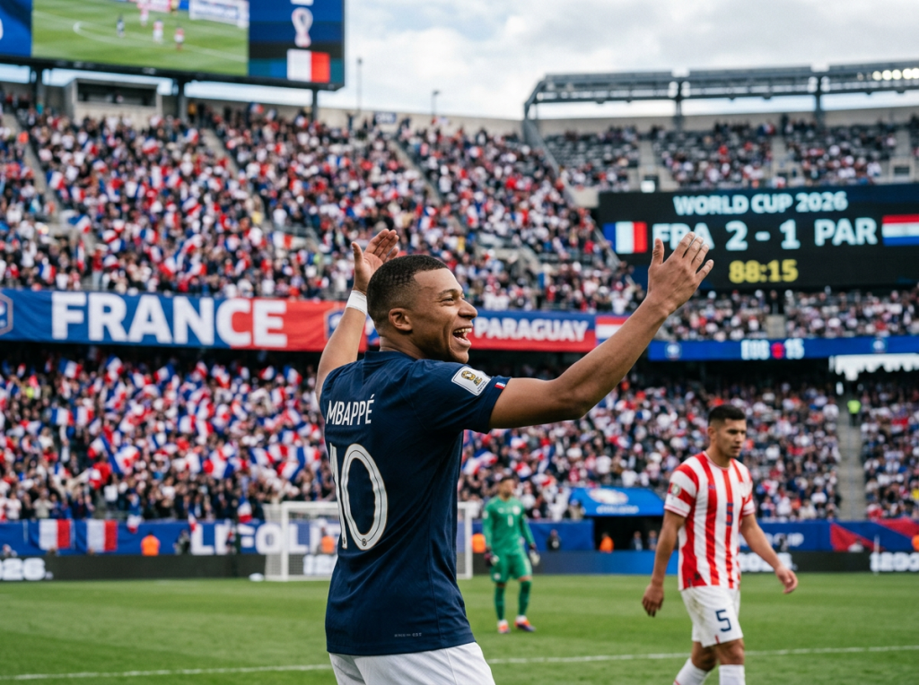 France soccer player Mbappé raising hands celebrating with score 2-1 France Paraguay