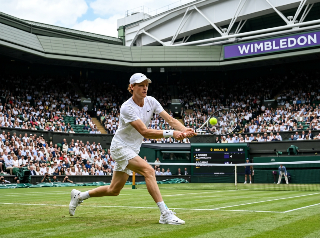 Male tennis player in white hitting a backhand on a grass court at Wimbledon with spectators in the background
