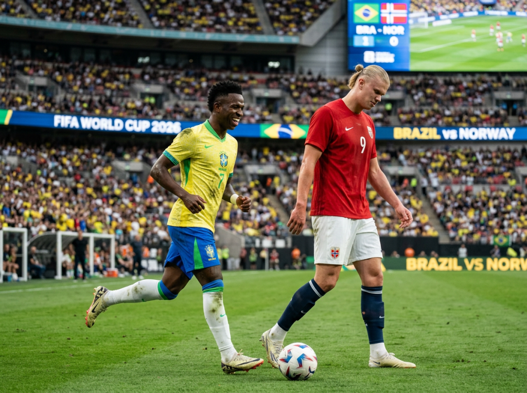 Brazil and Norway soccer players on the field during FIFA World Cup 2026 match