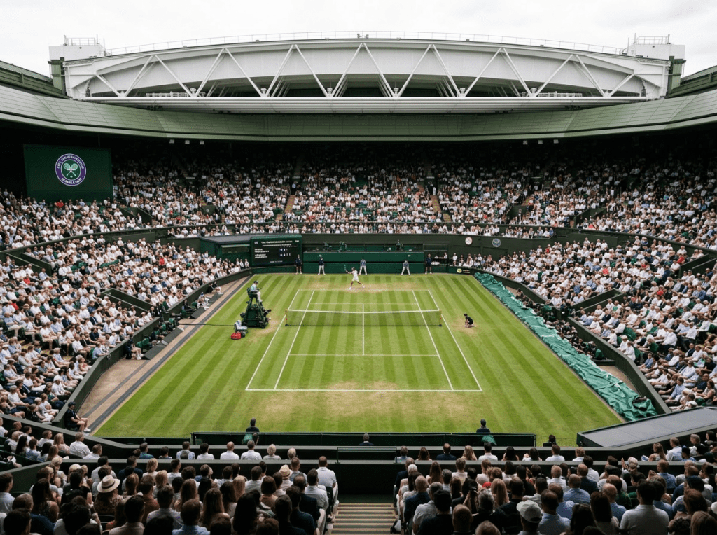 Tennis player Flavio Cobolli hitting a forehand on Wimbledon grass court with crowd and scoreboard in background