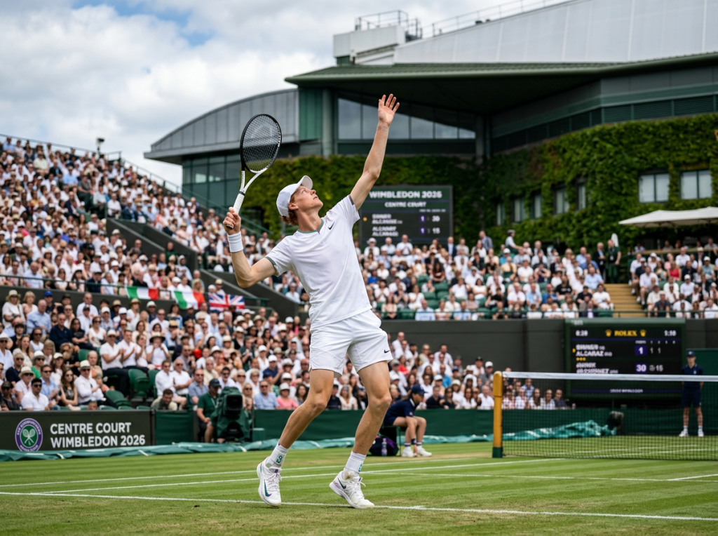 Male tennis player in white serving on Wimbledon grass court with crowd in background