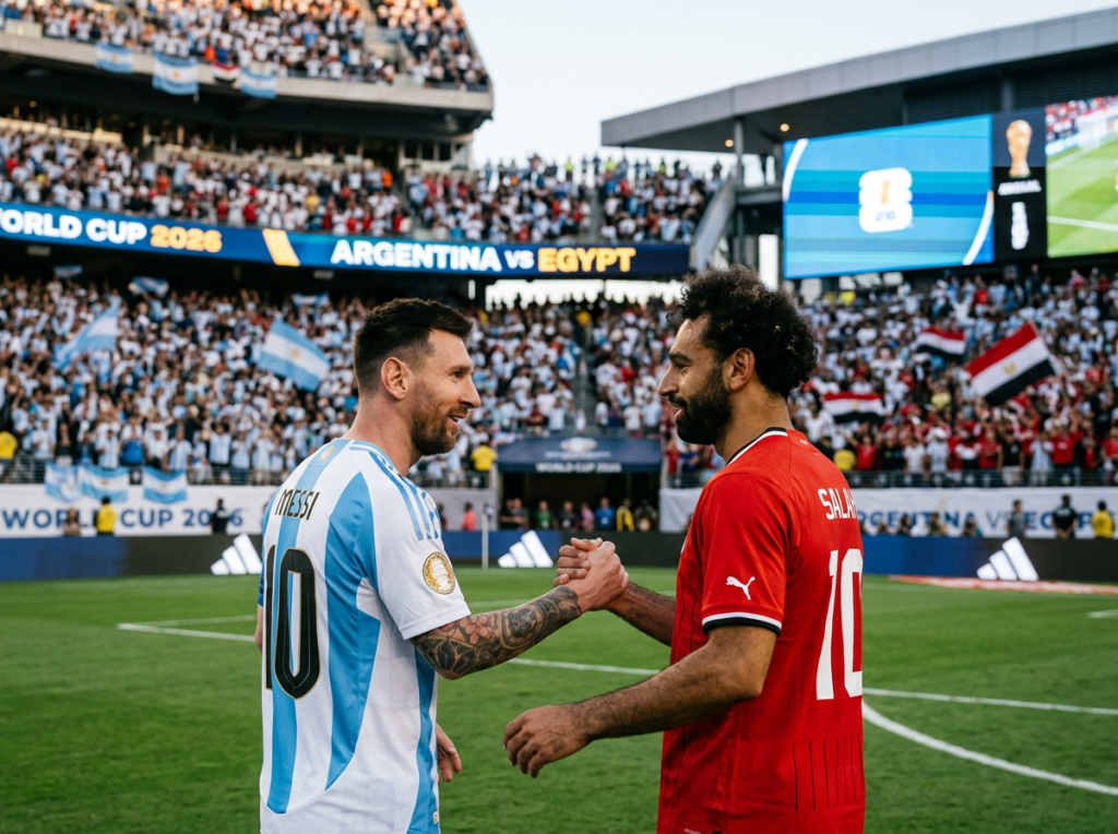 Lionel Messi and Mohamed Salah shaking hands on soccer field before match