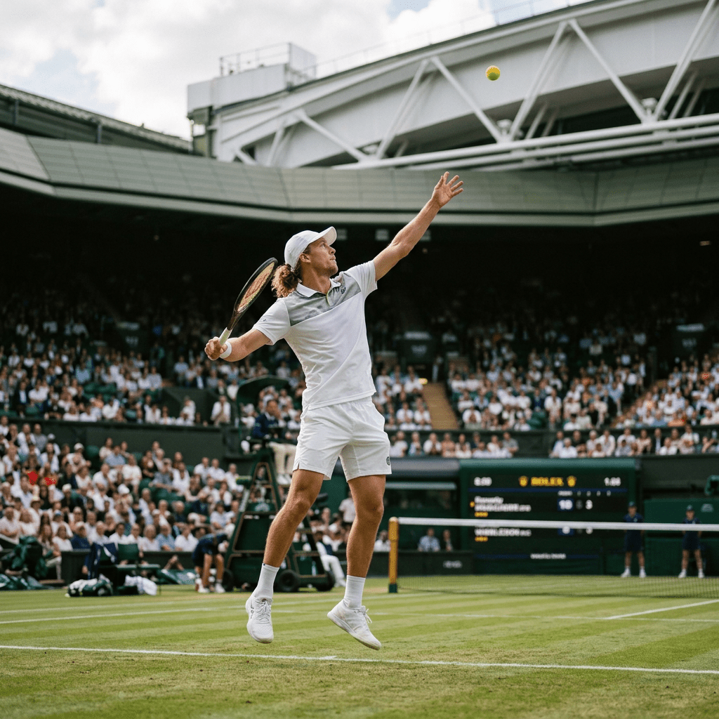 Male tennis player in white outfit jumping to serve on a grass court