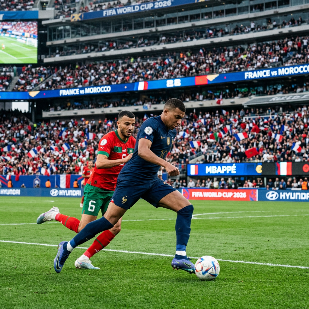 Soccer player Kylian Mbappé controlling the ball with defender behind him during France vs Morocco match