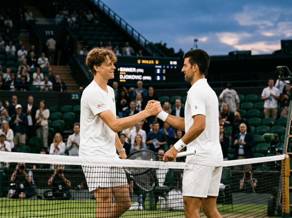 Two male tennis players in white attire shaking hands at the net after a match